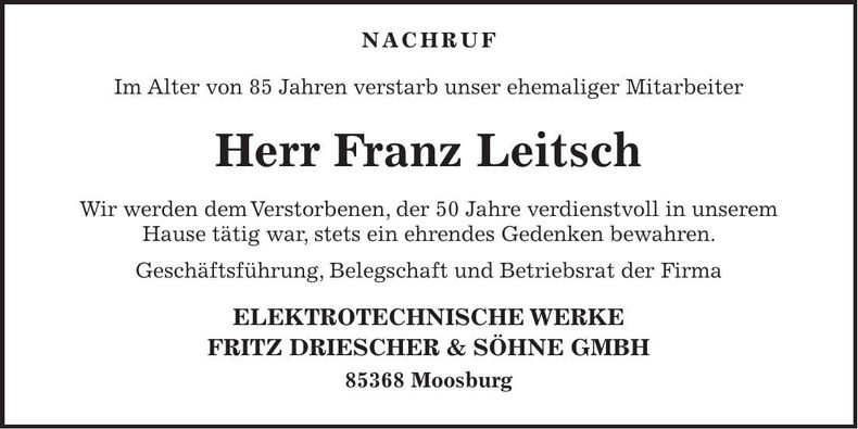 Traueranzeige Franz Leitsch