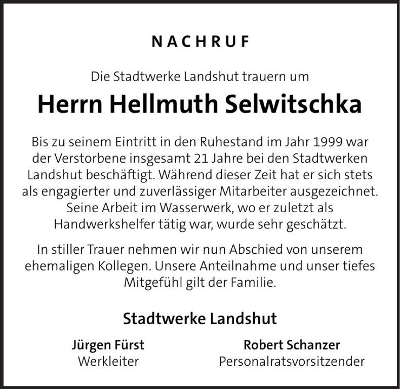 Traueranzeige Hellmuth Selwitschka