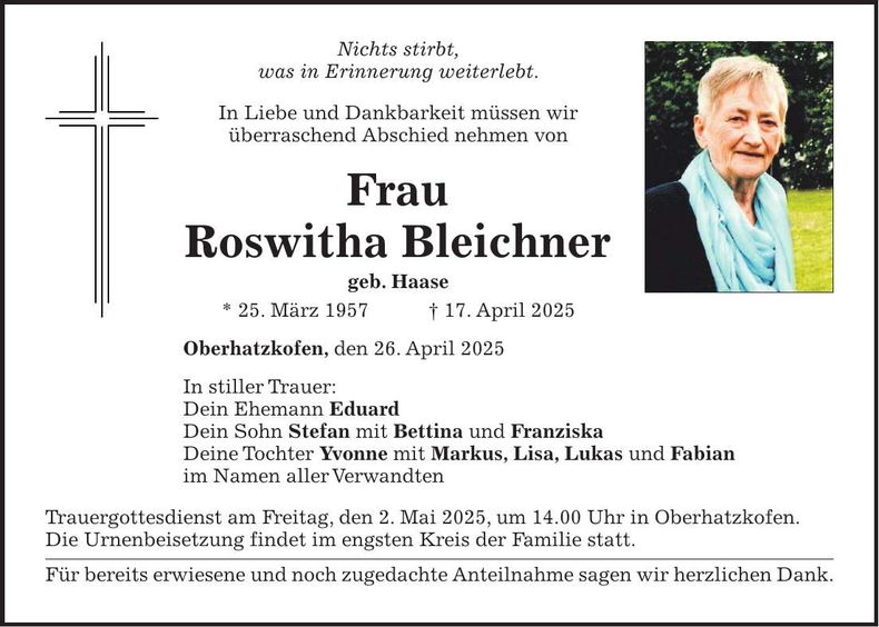 Traueranzeige Roswitha Bleichner