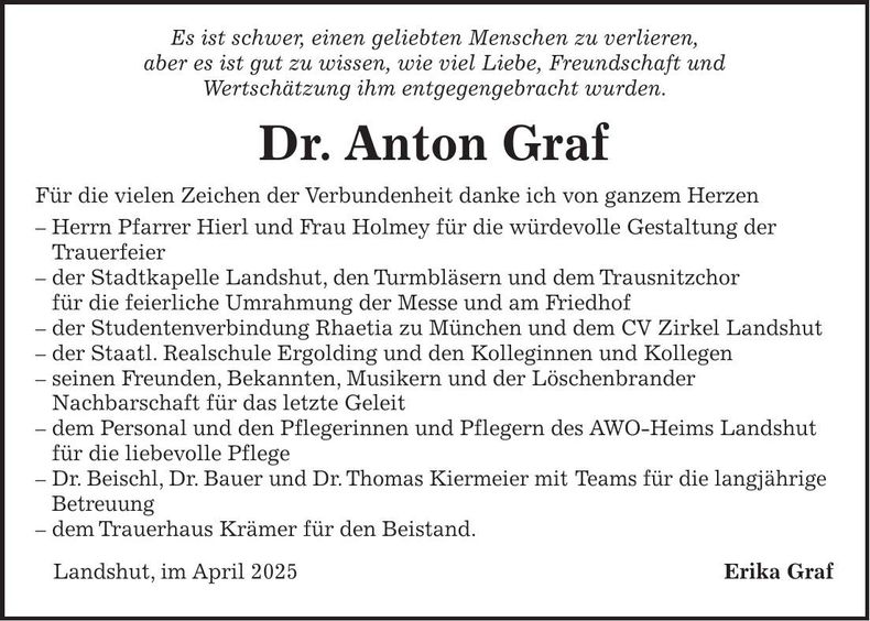 Traueranzeige Anton Dr. Graf