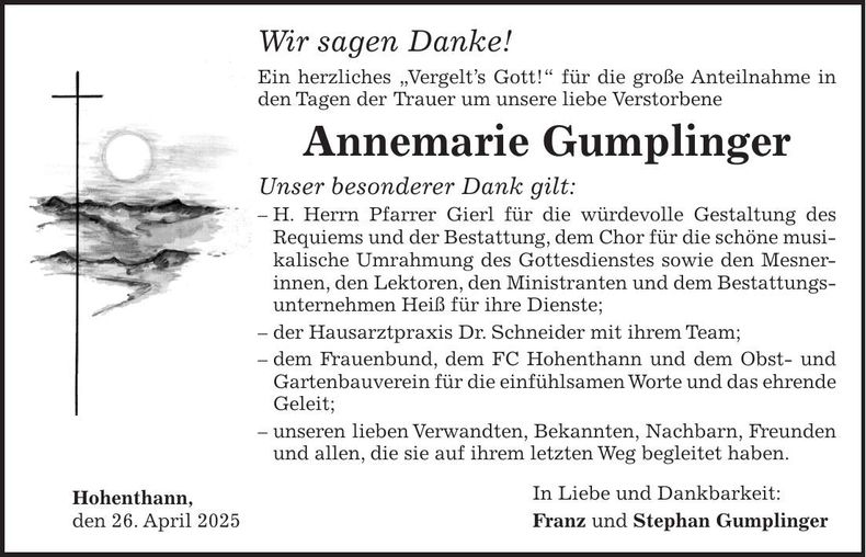Traueranzeige Annemarie Gumplinger