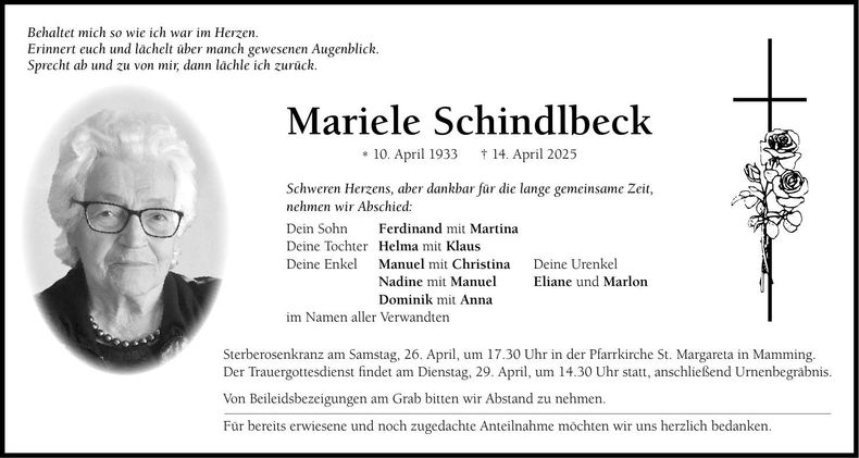 Traueranzeige Mariele Schindlbeck