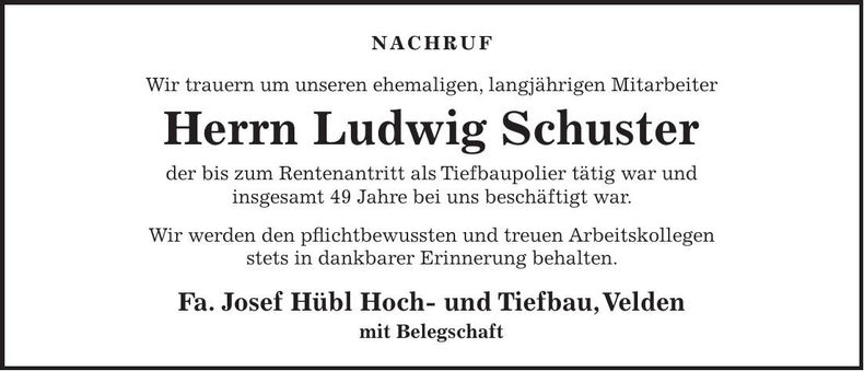 Traueranzeige Ludwig Schuster