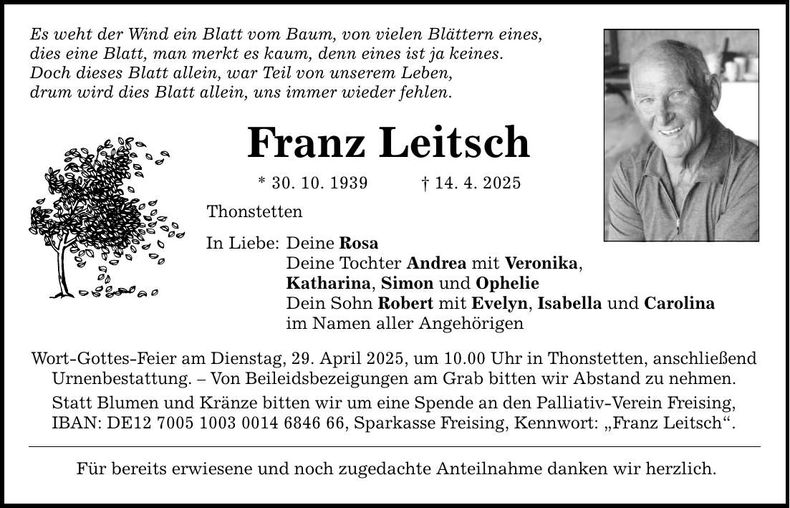 Traueranzeige Franz Leitsch