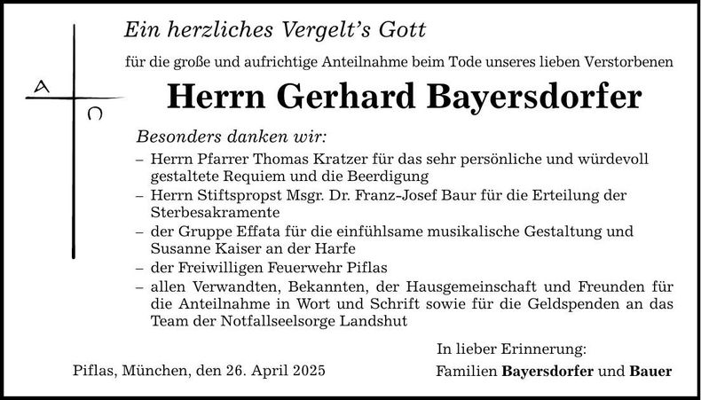 Traueranzeige Gerhard Bayersdorfer