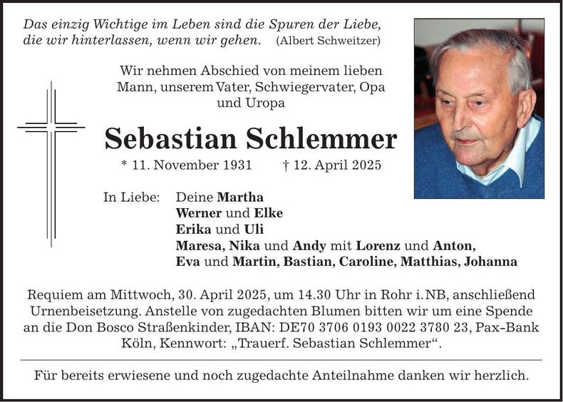 Traueranzeige Sebastian Schlemmer