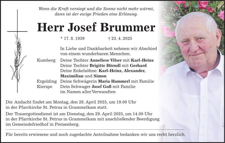 Traueranzeige Josef Brummer