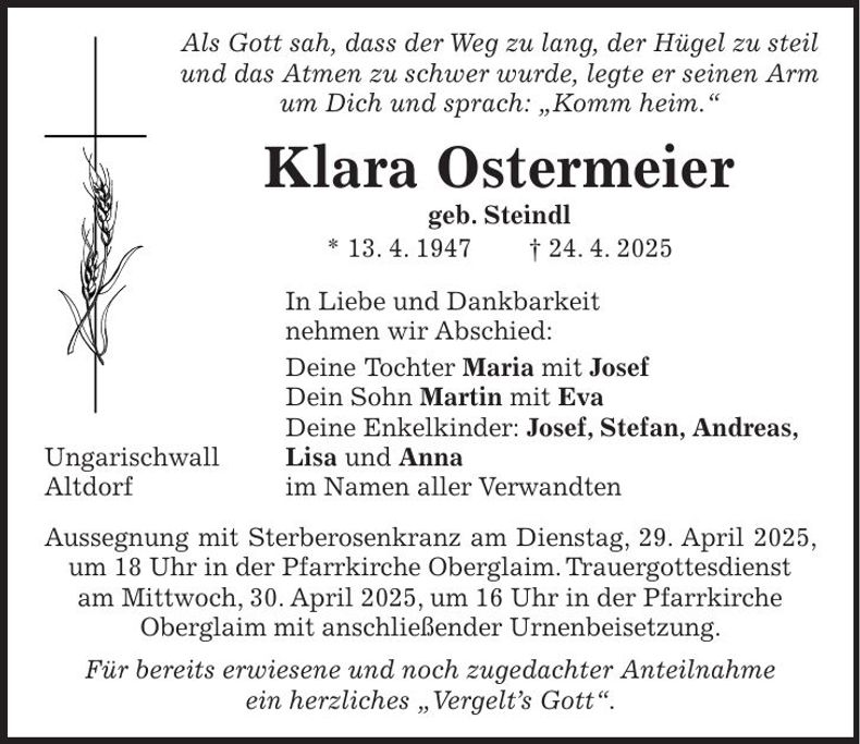 Traueranzeige Klara Ostermeier