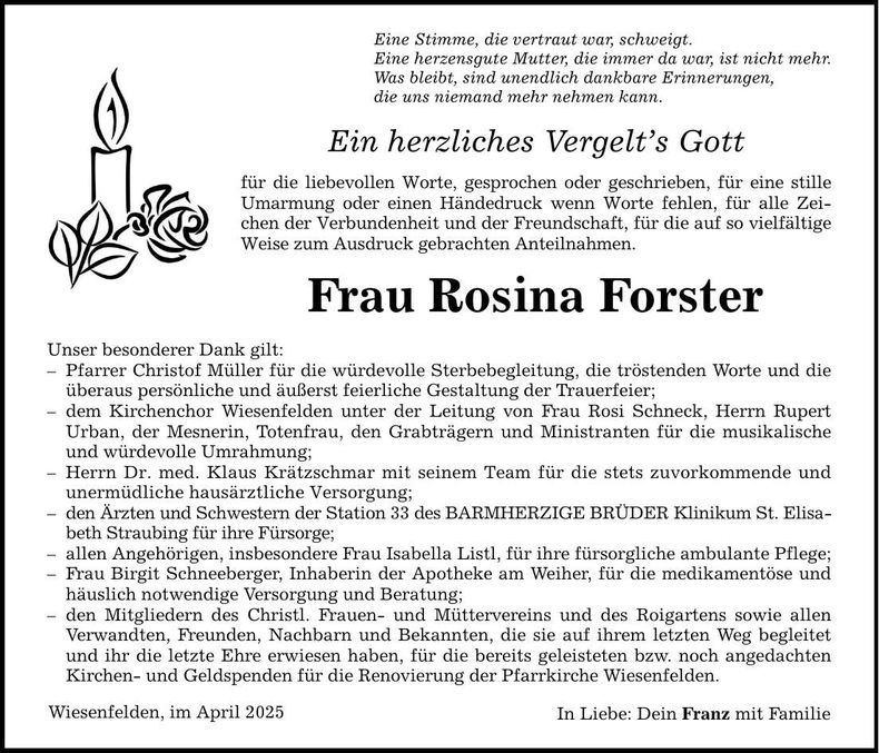 Traueranzeige Rosina Forster