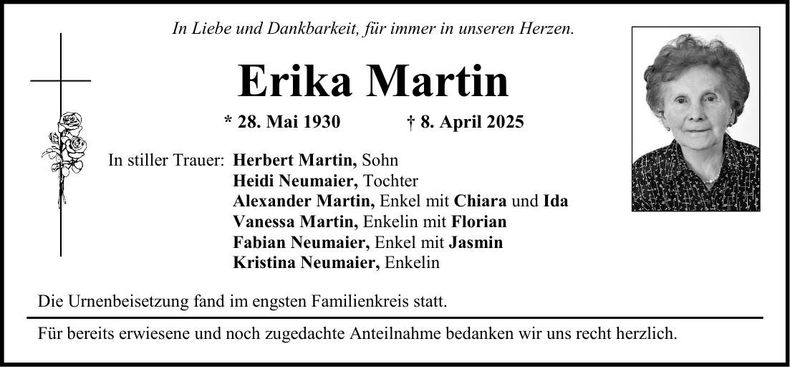 Traueranzeige Erika Martin
