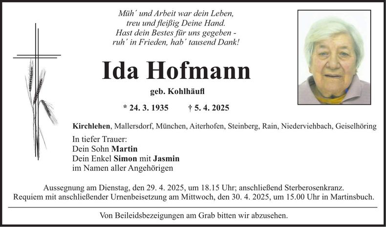 Traueranzeige Ida Hofmann