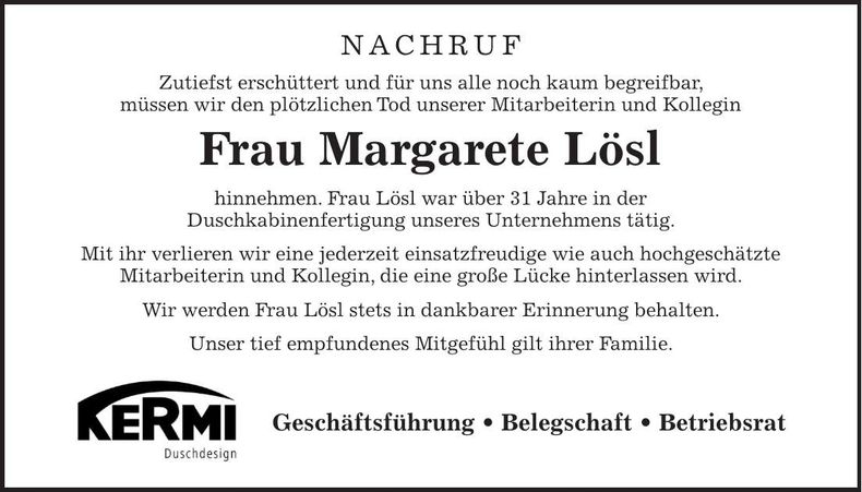 Traueranzeige Margarete Lösl