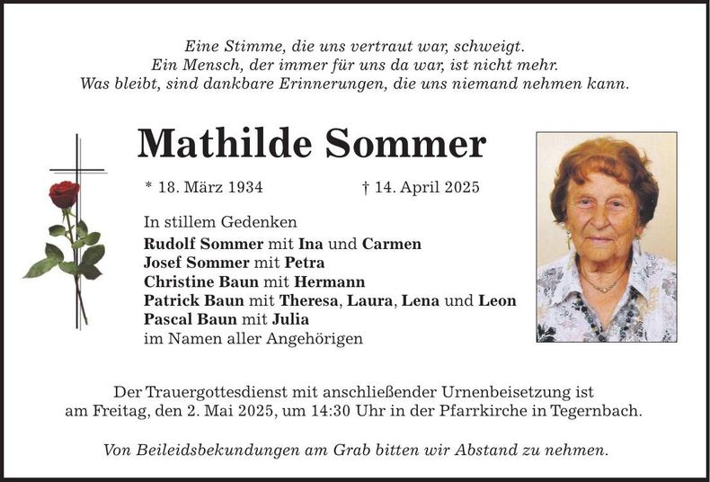 Traueranzeige Mathilde Sommer