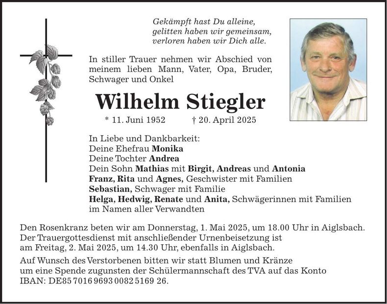 Traueranzeige Wilhelm Stiegler