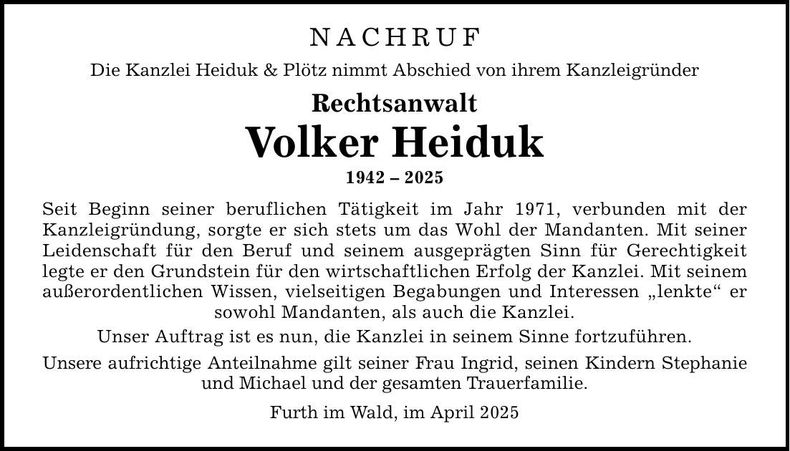Traueranzeige Volker Heiduk