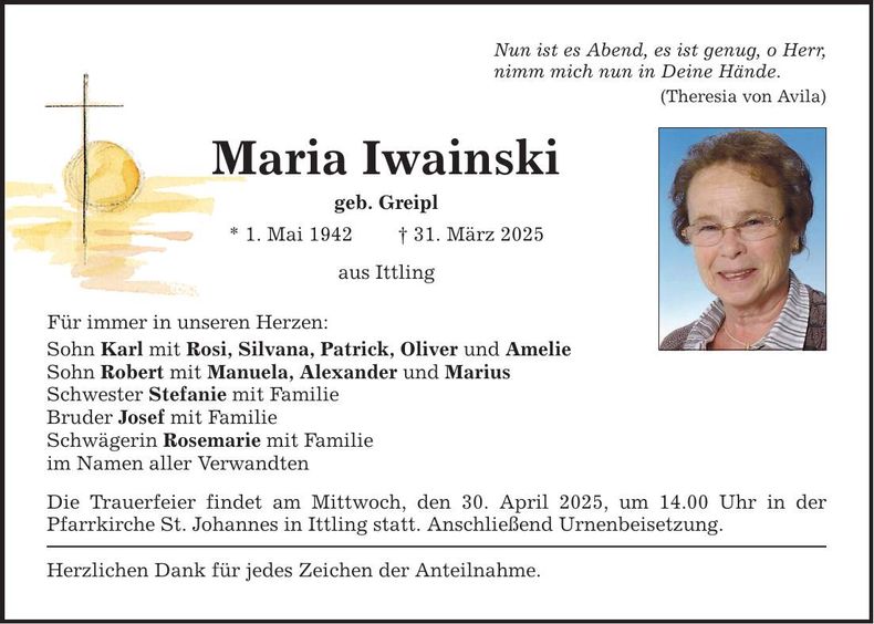 Traueranzeige Maria Iwainski