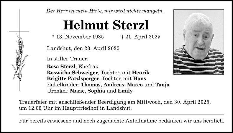 Traueranzeige Helmut Sterzl