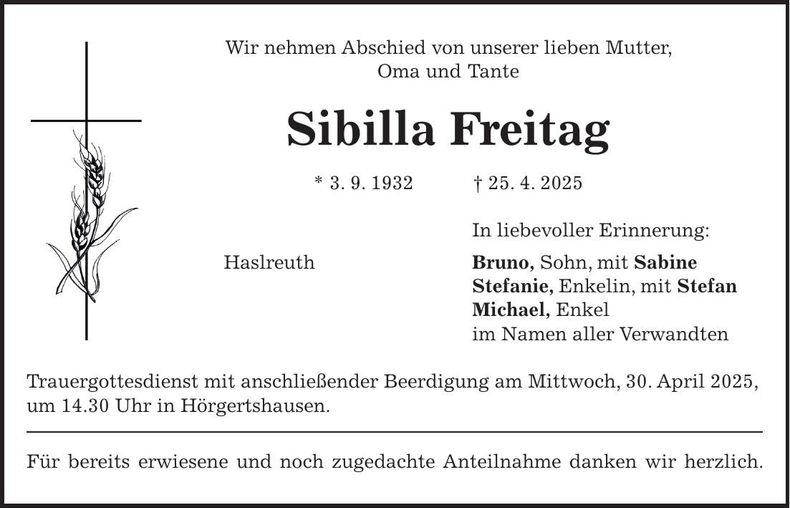 Traueranzeige Sibilla Freitag