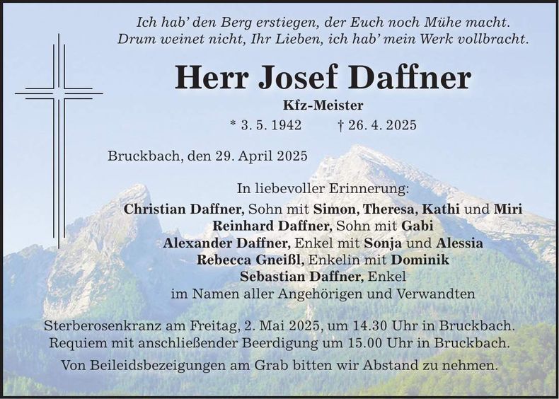 Traueranzeige Josef Daffner