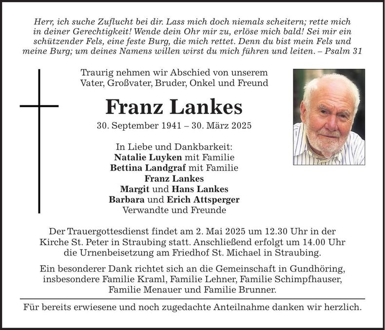 Traueranzeige Franz Lankes