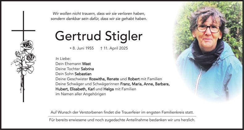 Traueranzeige Gertrud Stigler