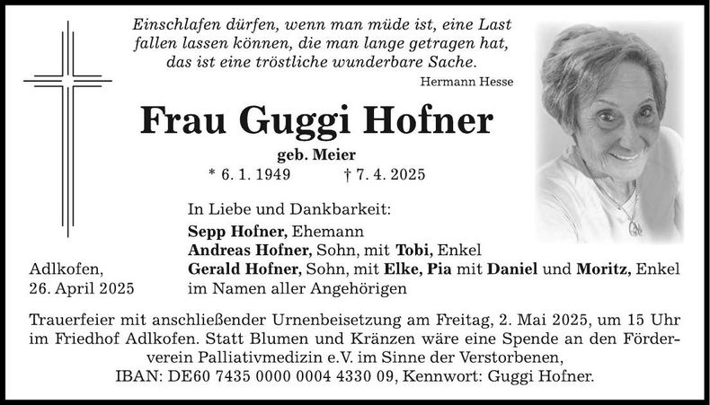 Traueranzeige Guggi Hofner
