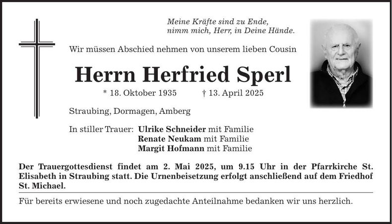 Traueranzeige Herfried Sperl