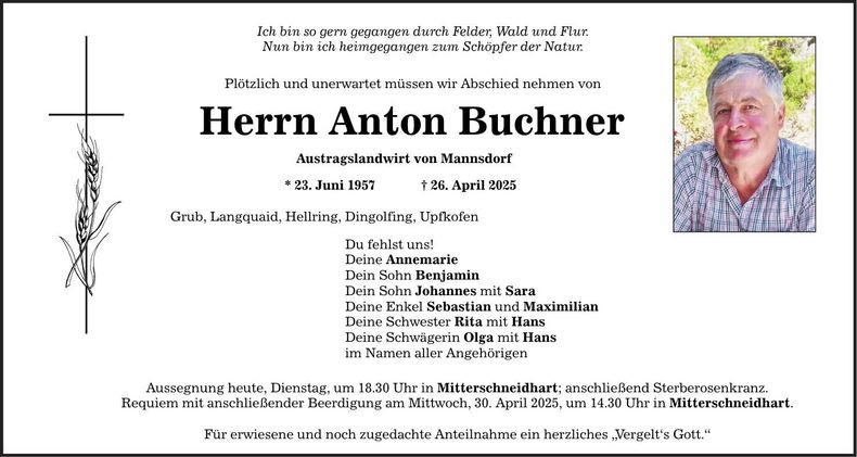 Traueranzeige Anton Buchner
