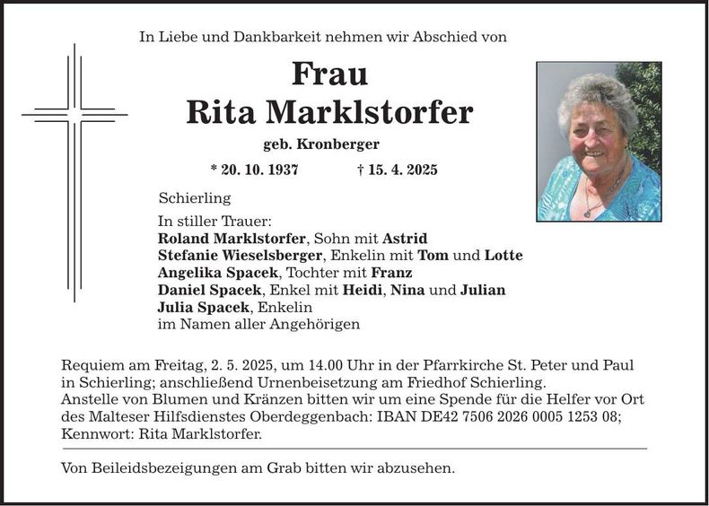 Traueranzeige Rita Marklstorfer