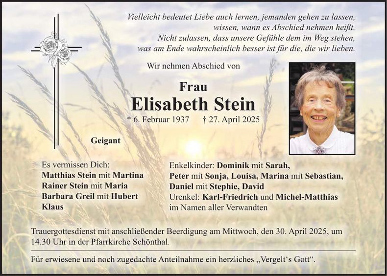 Traueranzeige Elisabeth Stein