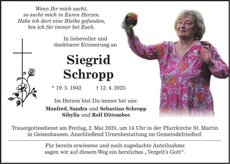 Traueranzeige Siegrid Schropp