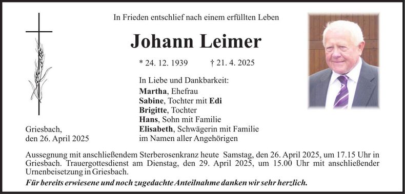 Traueranzeige Johann Leimer