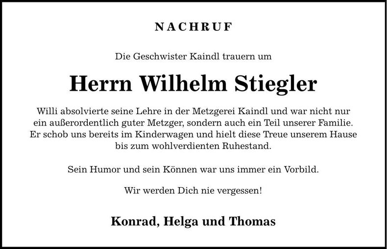 Traueranzeige Wilhelm Stiegler