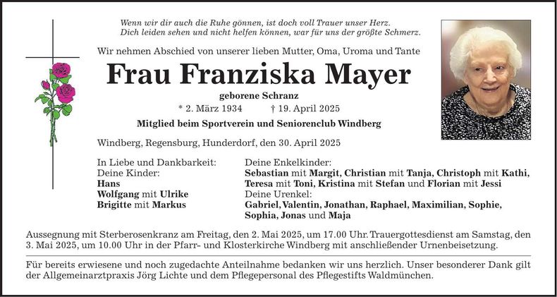 Traueranzeige Franziska Mayer