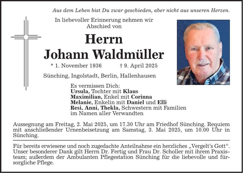 Traueranzeige Johann Waldmüller