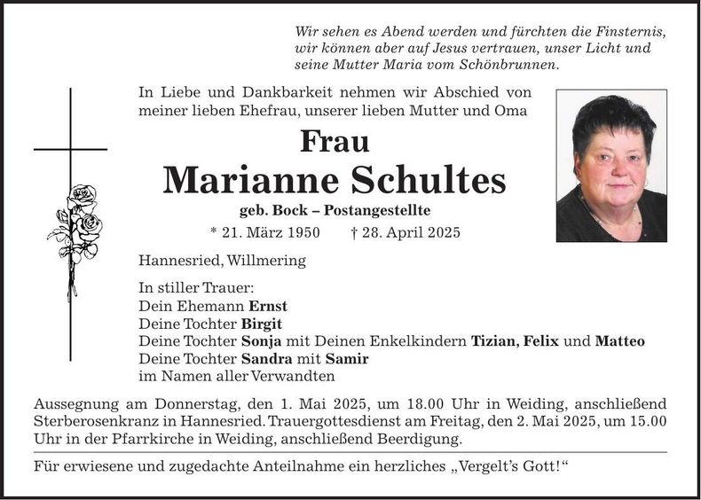 Traueranzeige Marianne Schultes