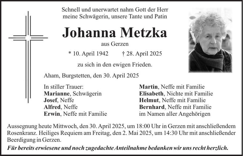 Traueranzeige Johanna Metzka