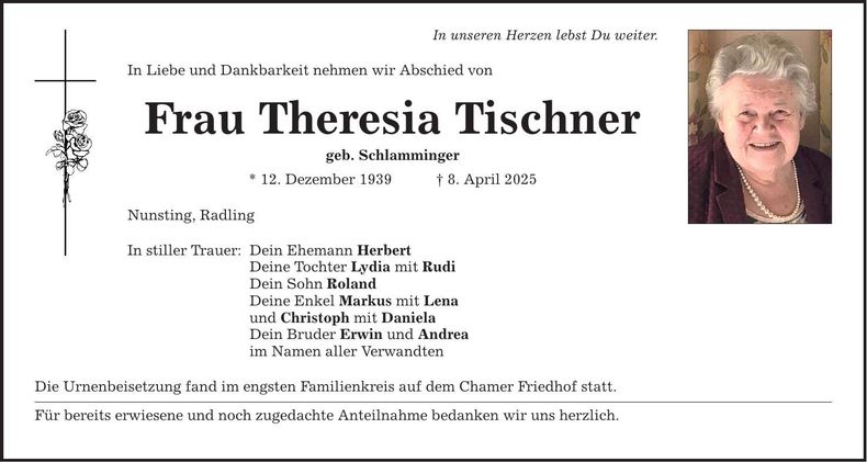 Traueranzeige Theresia Fischer