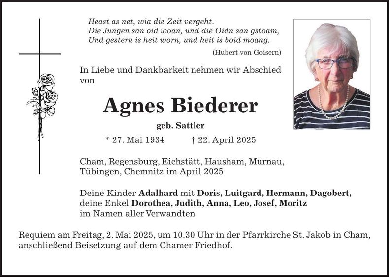 Traueranzeige Agnes Biederer