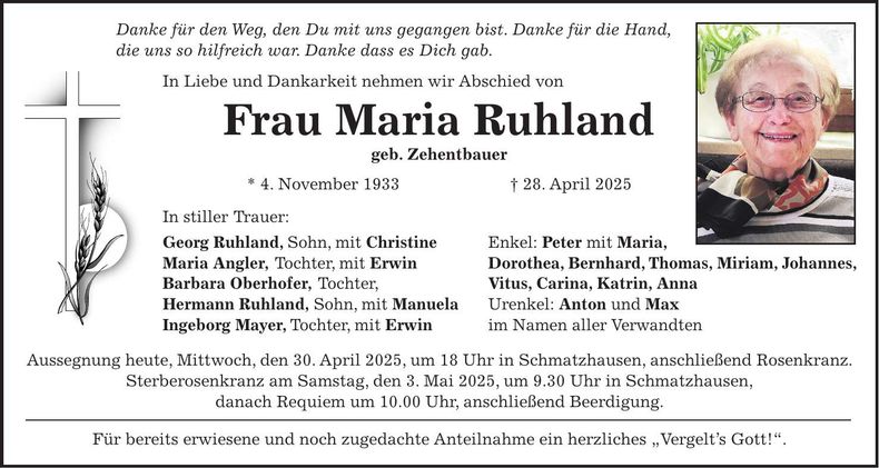 Traueranzeige Maria Ruhland