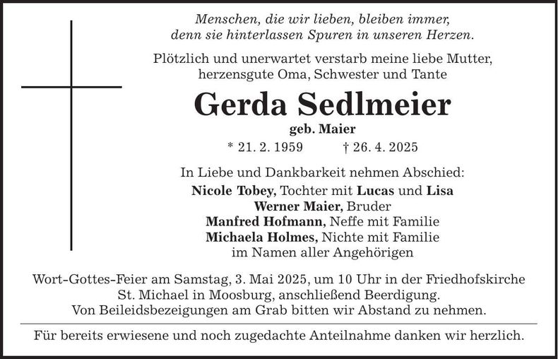 Traueranzeige Gerda Sedlmeier