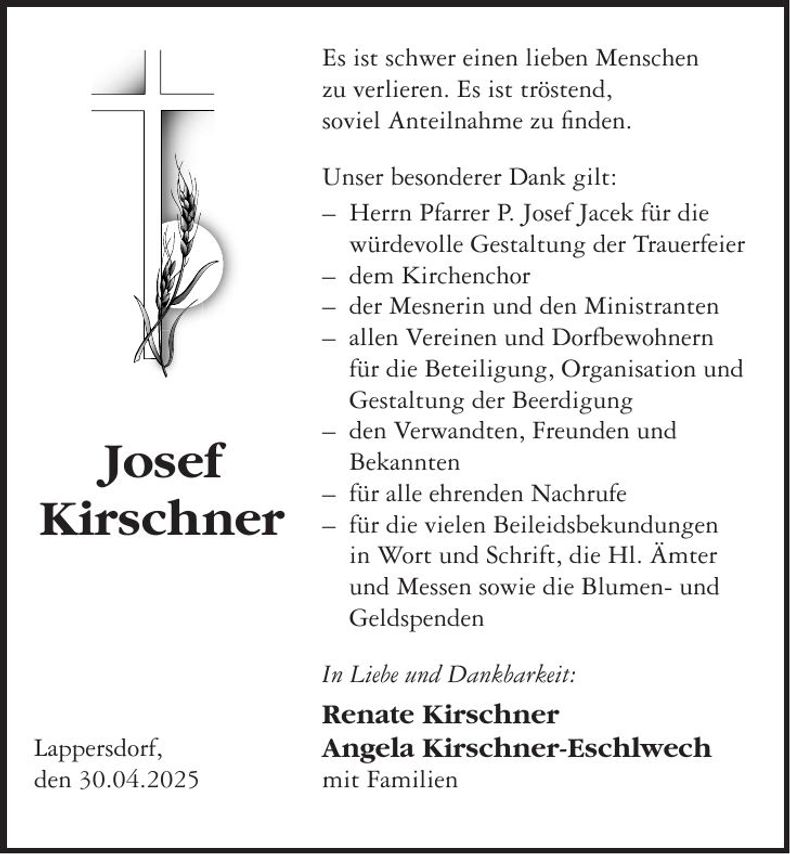 Traueranzeige Josef Kirschner