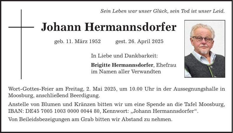 Traueranzeige Johann Hermannsdorfer