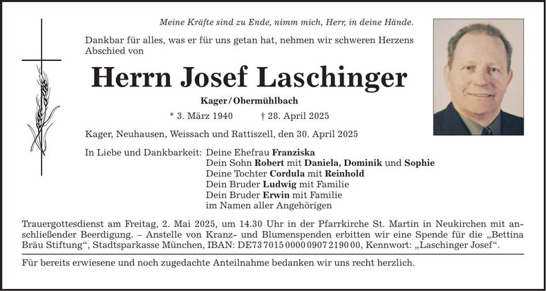 Traueranzeige Josef Laschinger
