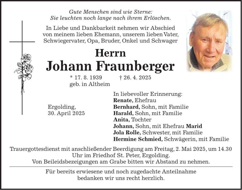 Traueranzeige Johann Fraunberger