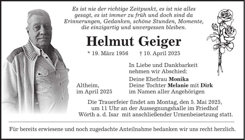Traueranzeige Helmut Gieger