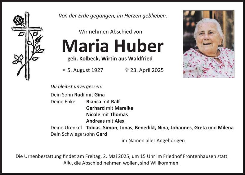 Traueranzeige Maria Huber