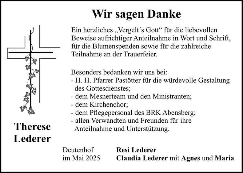 Traueranzeige Therese Lederer