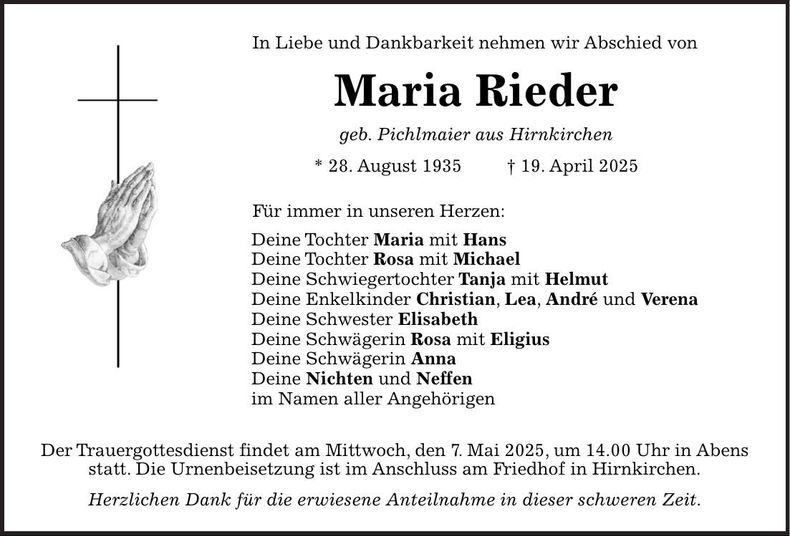 Traueranzeige Maria Rieder