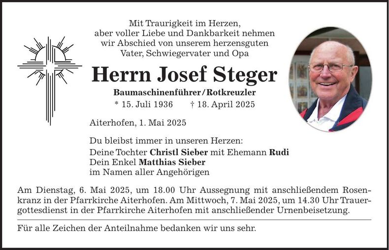 Traueranzeige Josef Steger